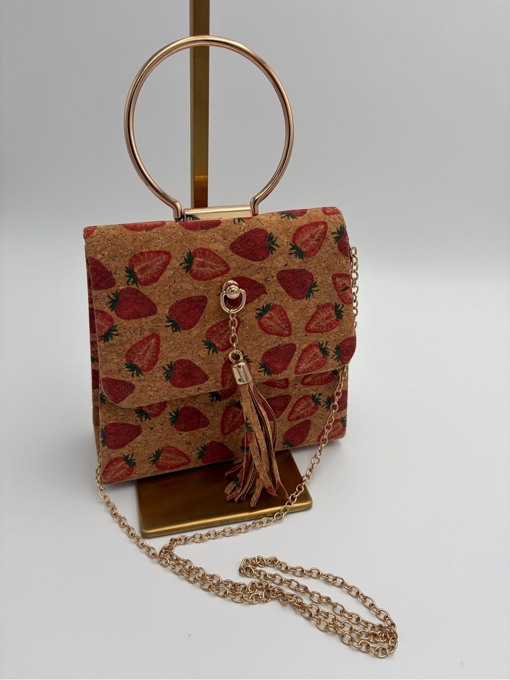 Strawberry Print Cork Crossbody Satchel Gold Ring Handle 3-Way Bag